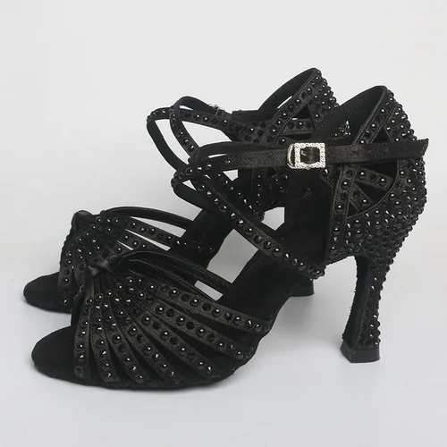 Imagen 1 del producto Venus señuelo personalizado 9CM zapatos de baile de salón negro cuentas brillantes suela de gamuza tacones de baile para mujer nueva llegada