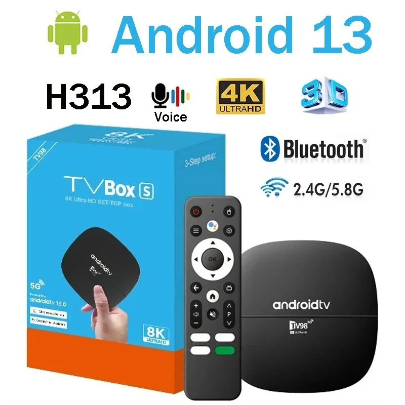 Play ATV H313 Smart TV Box Android 13.0 H313 رباعي النواة 2.4G/5G Dual Wifi BT 4K HD مشغل الوسائط ثلاثي الأبعاد iptv صوت عن بعد 8GB 128GB