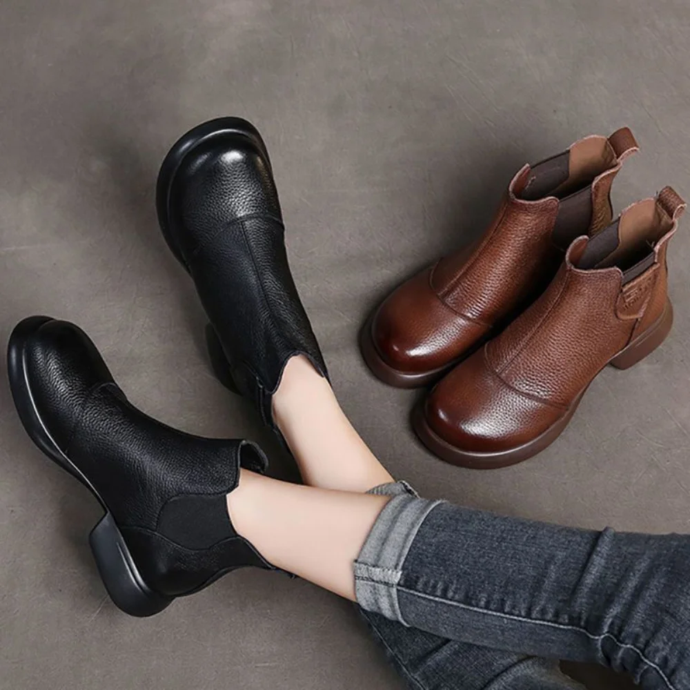 3cm Genuine Leather Women Chelsea Chimney Ankle Mid Calf Boots Spring Autumn Fashion Flats British Style Soft Comfy Shoes