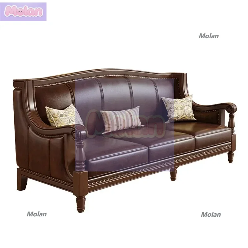 

American rural retro solid wood leather sofa first layer cowhide 123 combination simple beautiful living room villa three people