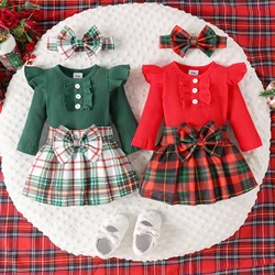 3PCS Autumn New Style 0-1 Year Old Girl Baby Fashion College Style Chunsen Long-Sleeved Suit + Plaid Skirt + Hair Band