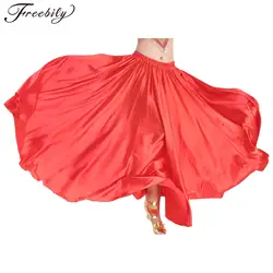 Women Spanish Paso Doble Skirt Ballroom Flamenco Bomba Belly Dance Performance Costume Elastic Waist Satin 540 Degree Maxi Skirt