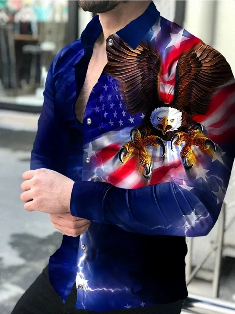 Fashionable men's top shirt button lapel lion tiger eagle animal HD pattern soft and comfortable material 2024 new style