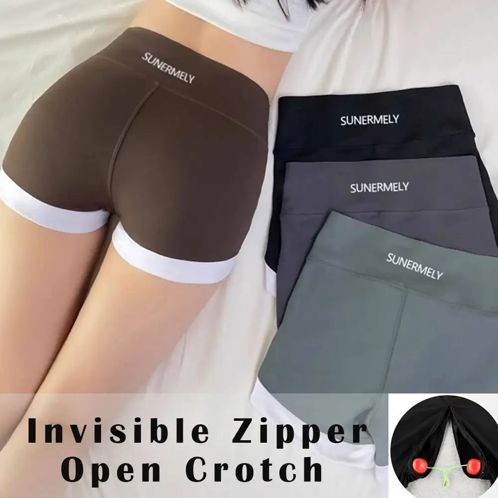 

Invisible Zipper Open Crotch Sexy Shorts Summer Fitness Plus Size Sports High Waist Bottoms