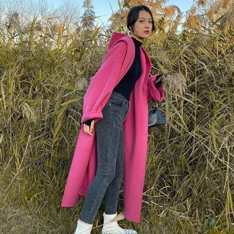 2024 Winter New Women Loose Hooded Warm Woolen Long Below The Knee Coats Female Elegant Solid Color Outwear Oversize Streetwear