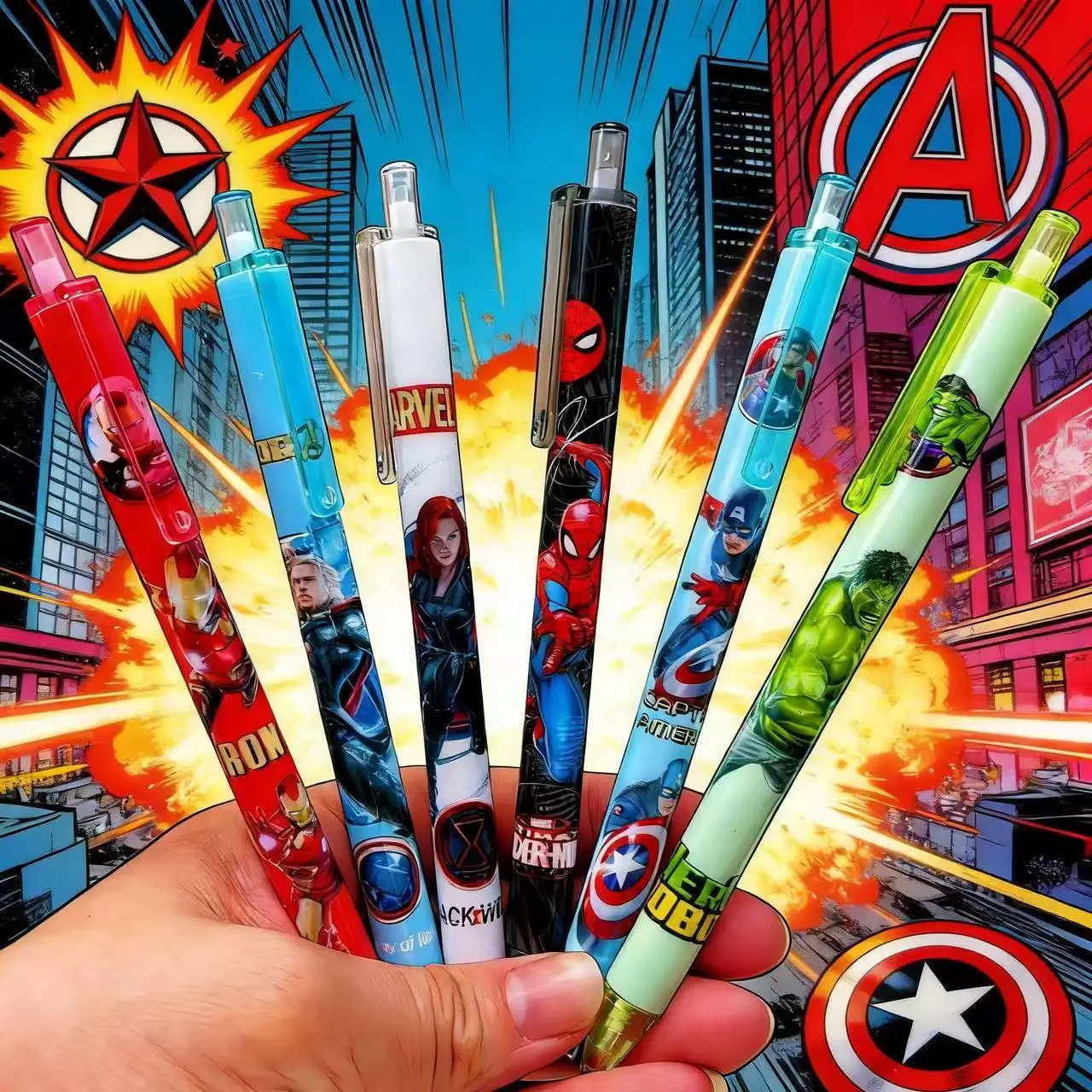 

6psc Cartoon Superman Neutral Pen Creative Plastic Hook Press Pen Clip Student Learning Stationery Spider Man