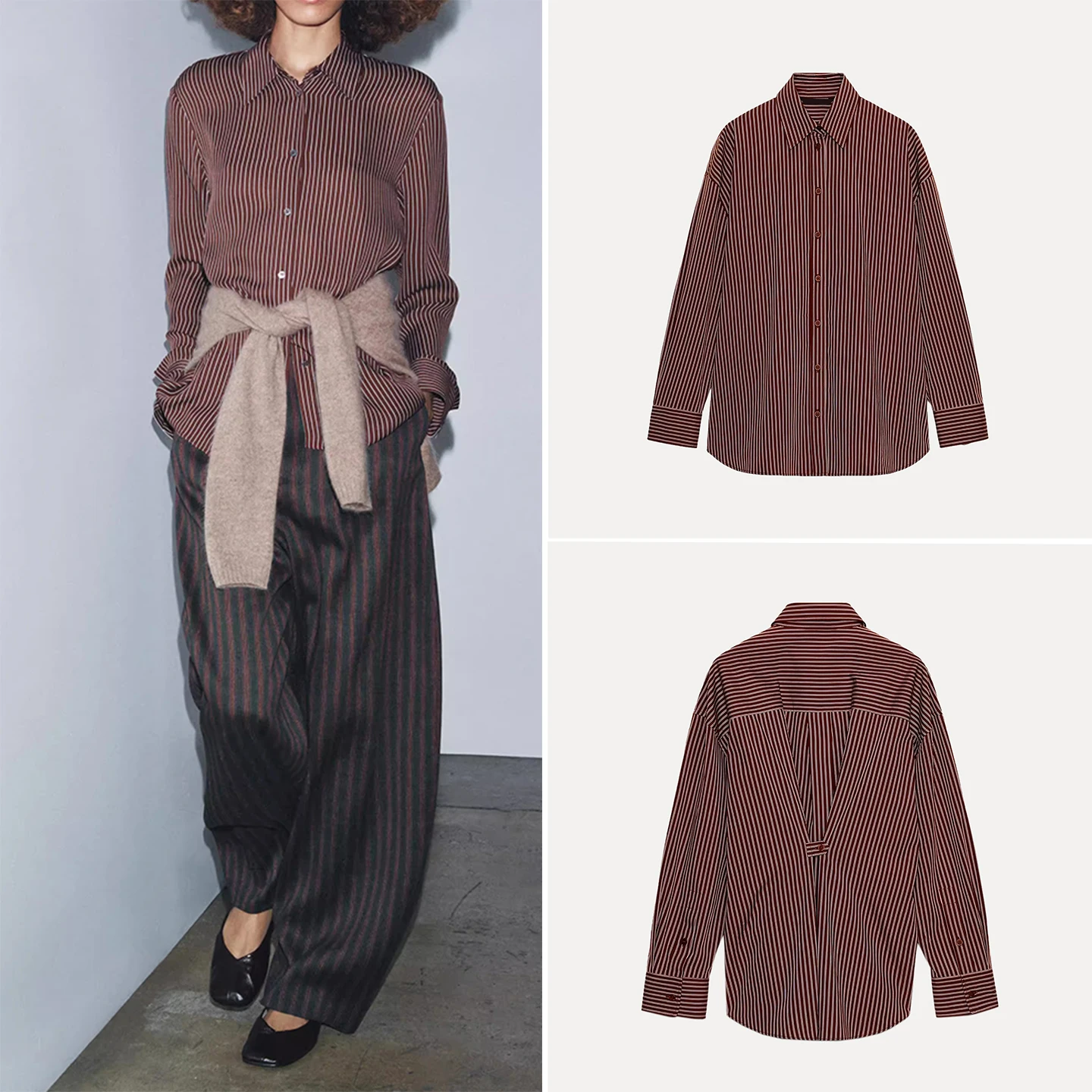 

2025 Autumn New Sle Women's Faion Personali Striped Commute irt Z Long Sve Flip Collar Regular Fit Other Mate...