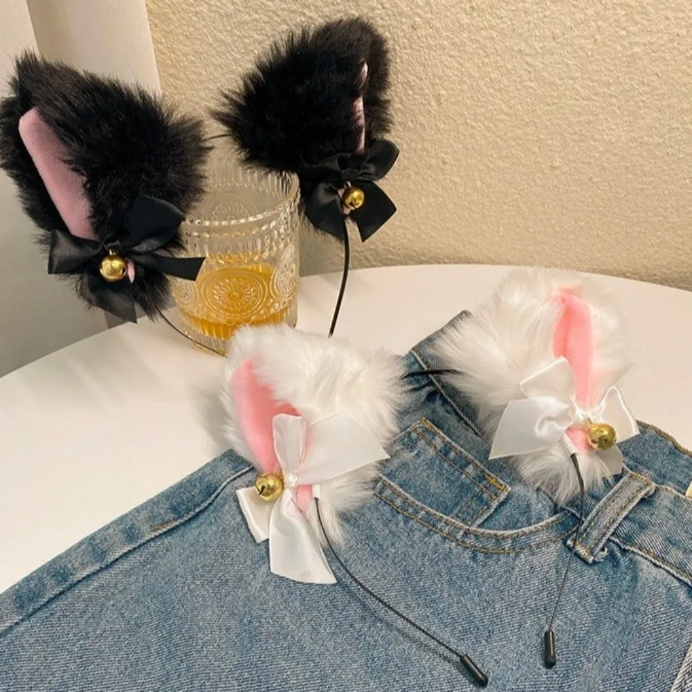 

2pcs Cute Plush Cat Ear Hair Hoop Collar Kit Girlish Style Bell Lace Design Cosplay Hairband Stuffed Hair Hoop Hair Accessory