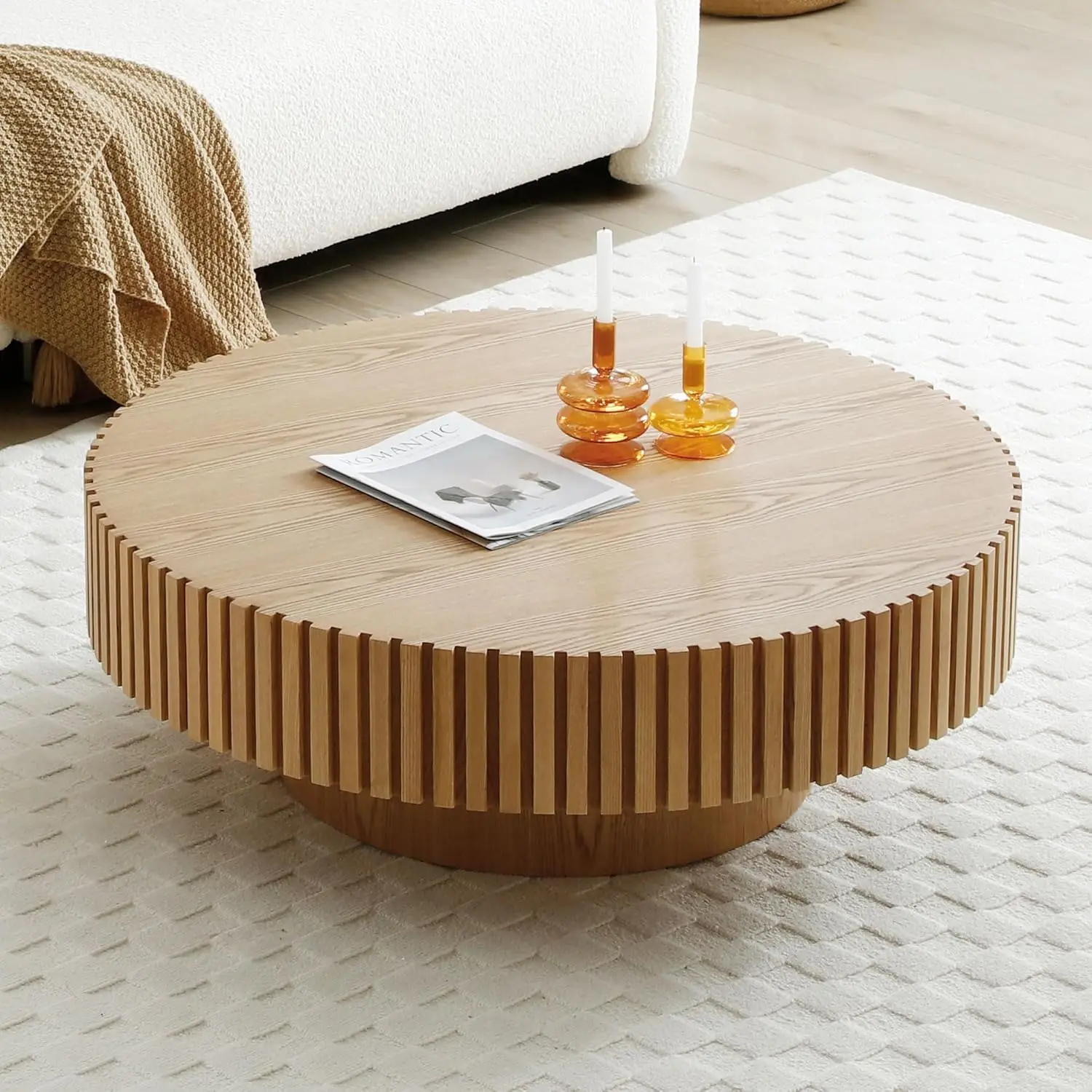 LUMISOL Modern Round Coffee Table, 39.37” Handcraft Drum Side Table, Circle Centre Table for Living Room, Easy Assembly, Natural