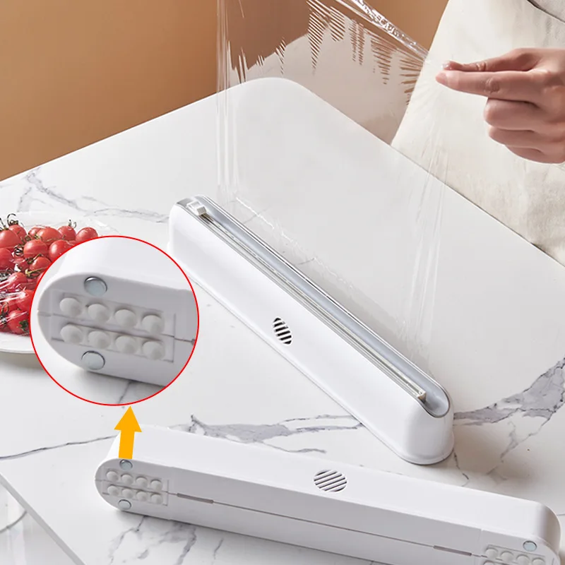 Magnetic Wall‑Mounted Plastic Wrap Dispenser with Cutter, Adjustable Kitchen Cling Film Storage & Cutting Organizer Box