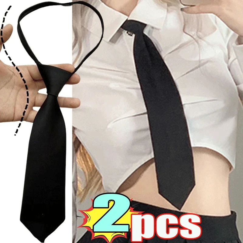 2/1PC Ties Student Retro Black Silky Narrow Neck Tie Slim Smooth Women Zipper Necktie Casual Elegant All-match Trendy Unisex