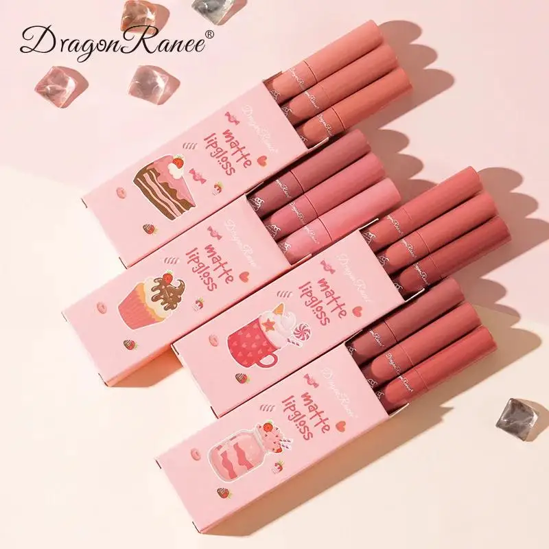 Dragon Ranee 3-teiliges mattes Lipgloss-Set, samtiger flüssiger Lippenstift, nackte Lippenglasur, wasserfest, langlebig, nicht klebrig, Lippen-Make-up-Set