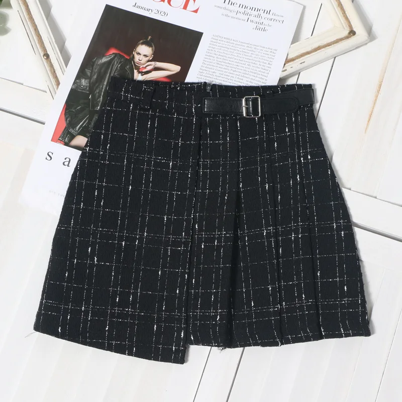 Media falda de lana a cuadros de otoño/invierno para mujer, falda acampanada plisada adelgazante de cintura alta, estilo pequeño fragante, 2025