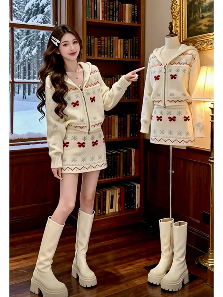 

Шикарный вязаный комплект из топа и юбки, дышащий комплект с высокой талией Winter Faion Ensemble ort Sve Long Sve, повседневная одежда