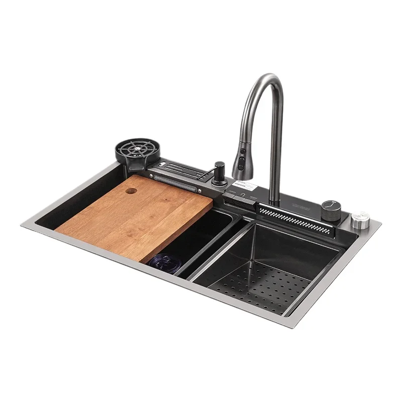 

Commercial Kitchen Sink Ss Black 304 Stainless Steel Nano Black Kitchen Sinks Rainfall Waterfall Piano Faucet Kitchen Sink