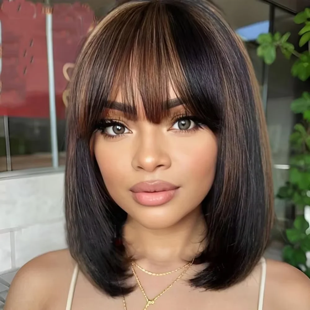 

1b/30 Straight Bob Wig Human Hair with Bangs 2x1 10 Inch Glueless HD Lace Bob Wig with Bangs 250 Density Breathable Cap