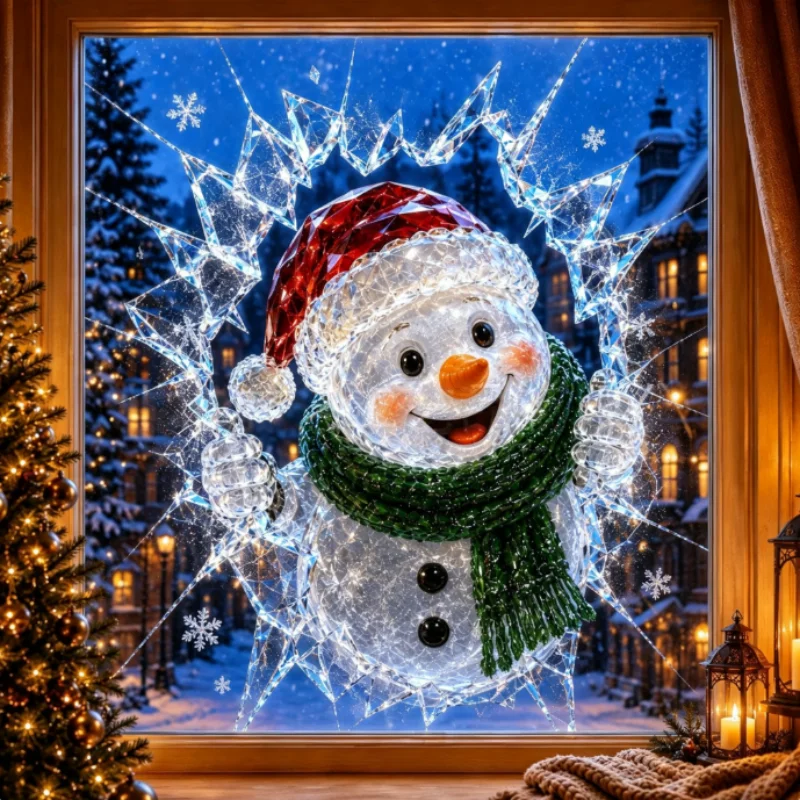 Crystal Santa Claus Window Stickers,3d Shattered Glass Illusion 3d Effect Snowman Angel Static Cling Sticker