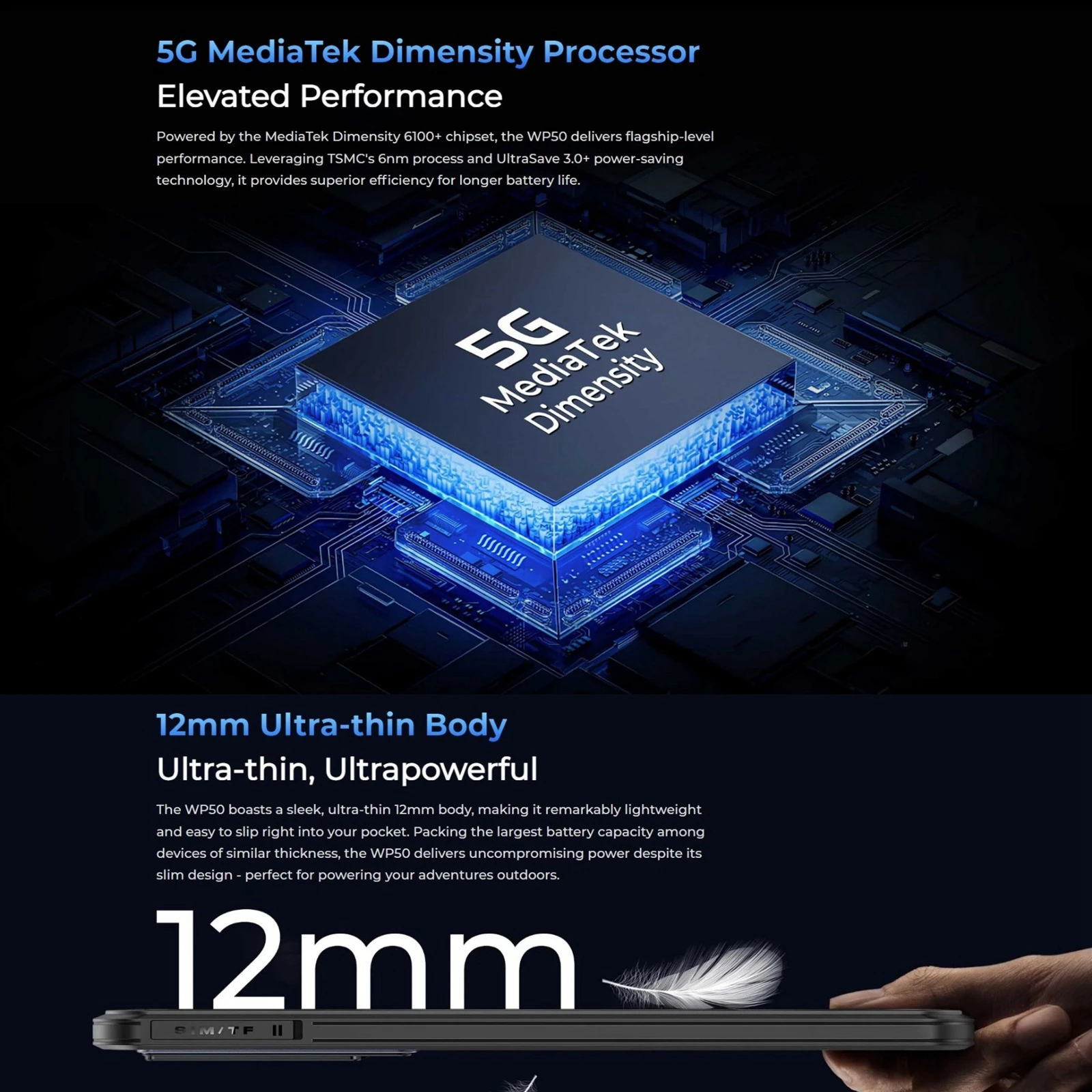 Oukitel WP50 5G 견고한 휴대폰, 6.6 인치 안드로이드 14.0, MediaTek Dimensity 6100, 옥타코어 48MP NFC 5G 스마트폰, 4GB + 256GB