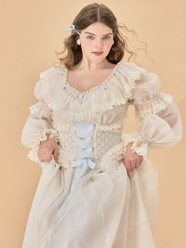 

plus Size Lace Dress Blue Bellflower One Shoulder Waist Cinching Long Sleeve Fishbone Pattern Slimming Mid-Length A-Line Gown