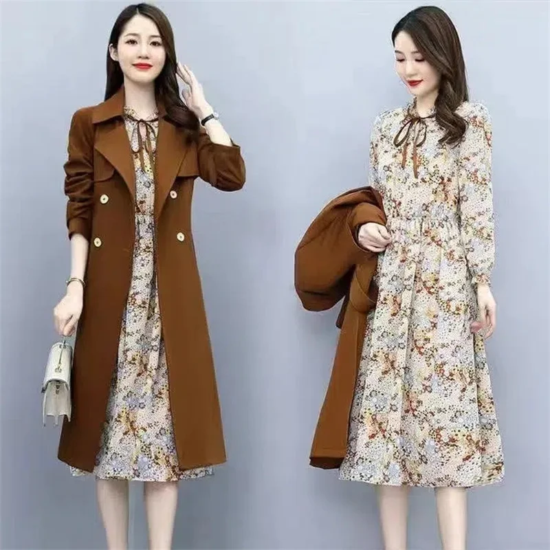 Long Spring Floral Dress And Jacket Two-Piece Suit 2023 Autumn New Women's Fashion slimming Suit Dress Long Sleeve Trench Female