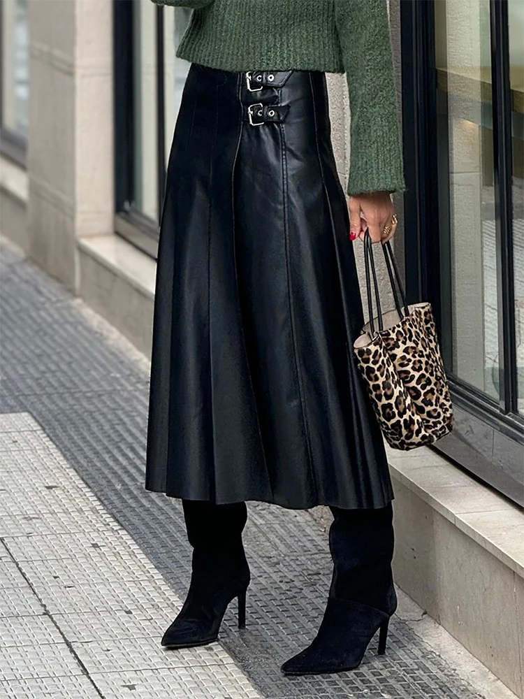 

2025 элегантные юбки из искусственной кожи с высокой талией, модные плиссированные полуюбки с металлической пряжкой, женские повседневные свободные однотонные юбки трапециевидной формы