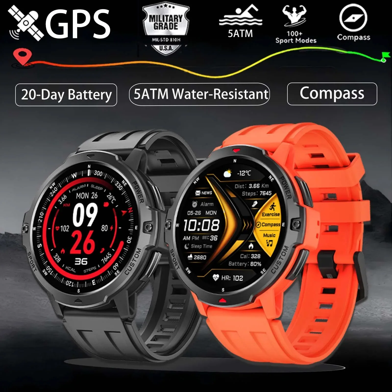 

2025 NEW GPS Smart Watch 1.46'' AMOLED Display Built-in Compass Barometric Altimeter 5ATM 580mAh Battery Sports Smartwatch Men