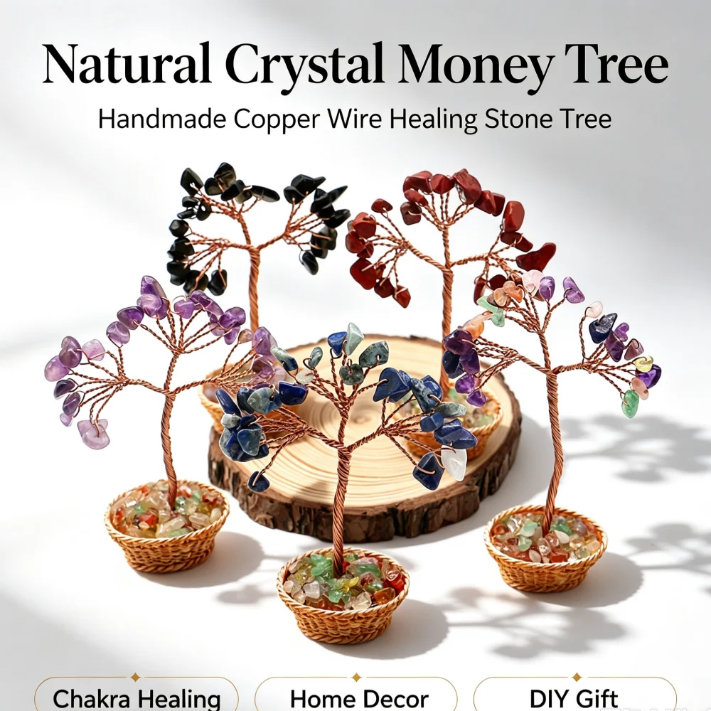 Natural Crystal Money Tree Ornament, Wealth‑attracting Crystal Life Tree With Metal Flower‑Basket Base, Car Decor Figurine