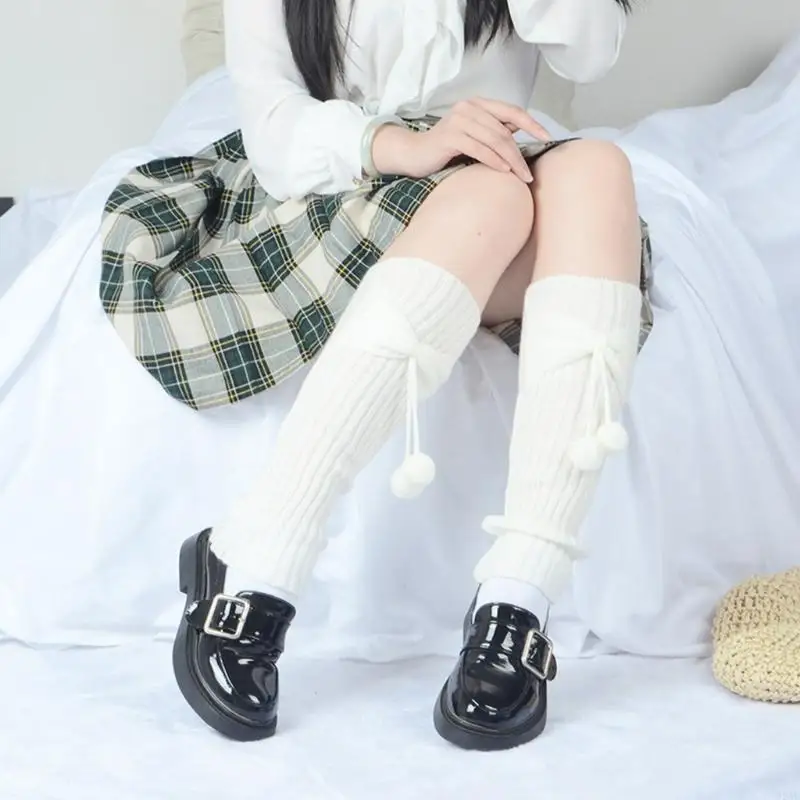 

95AE Solid Color Autumn Winter Knee High Children Bowknot Leg Warmers with Ball Socks