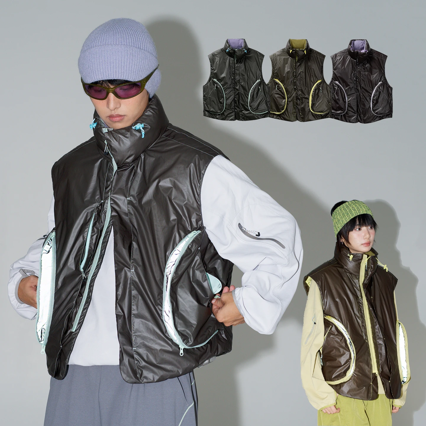 Unisex Thermochromic Color Changing Down Vest Color Block Multi-Pocket Stand Collar Winter Warm Sleeveless Streetwear Waistcoat