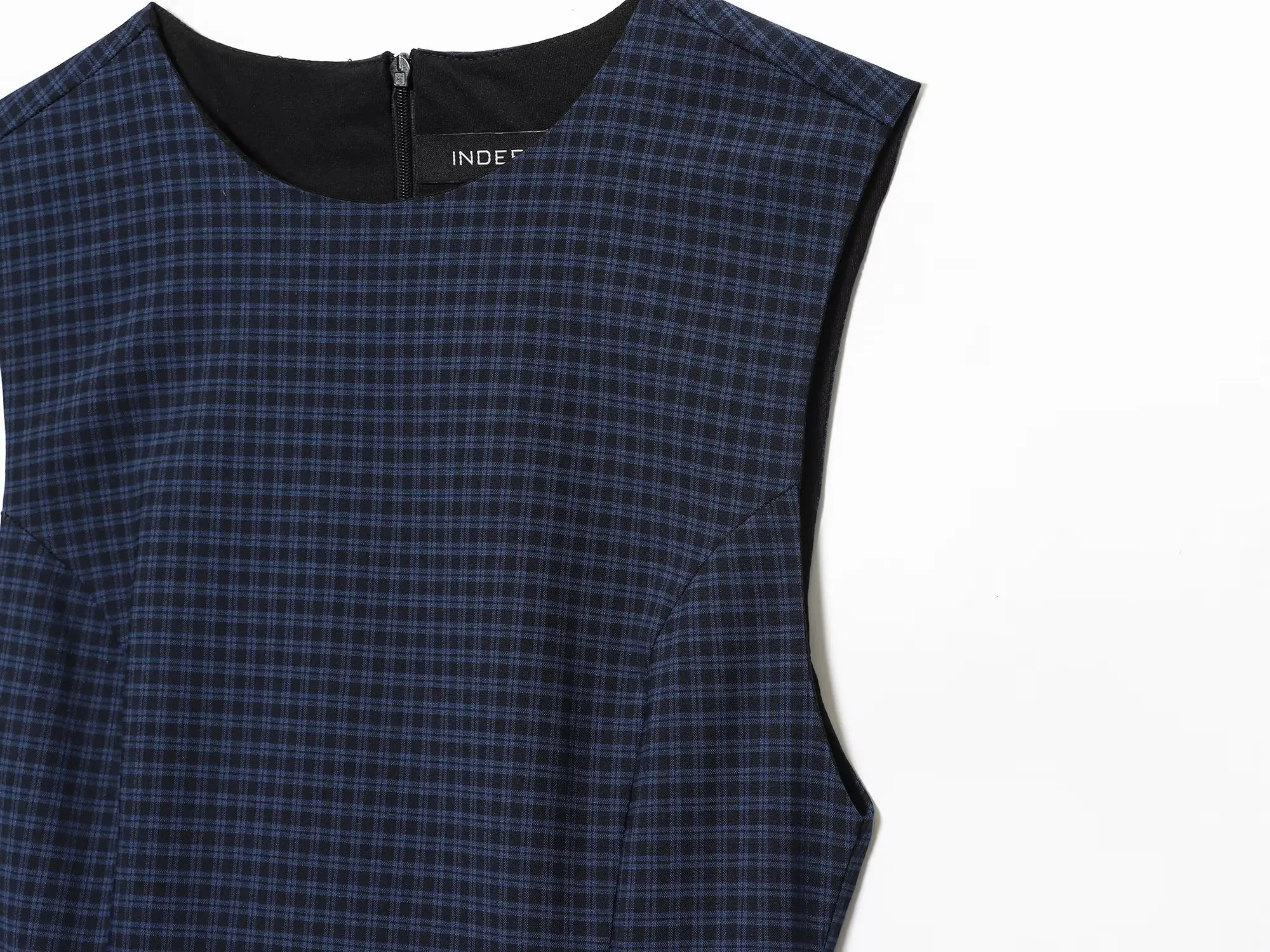 Novo vestido feminino azul marinho xadrez sem mangas em camadas mini vestido sexy e elegante