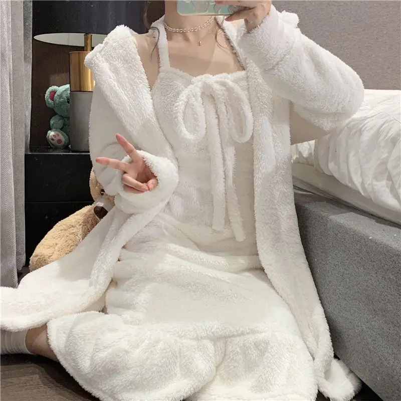 Winter Thicken Robe Sets Women Warm Velvet Lace-up Lovely Leisure Sexy Female Sleepwear Home Lounge All-match Comfortable Ins