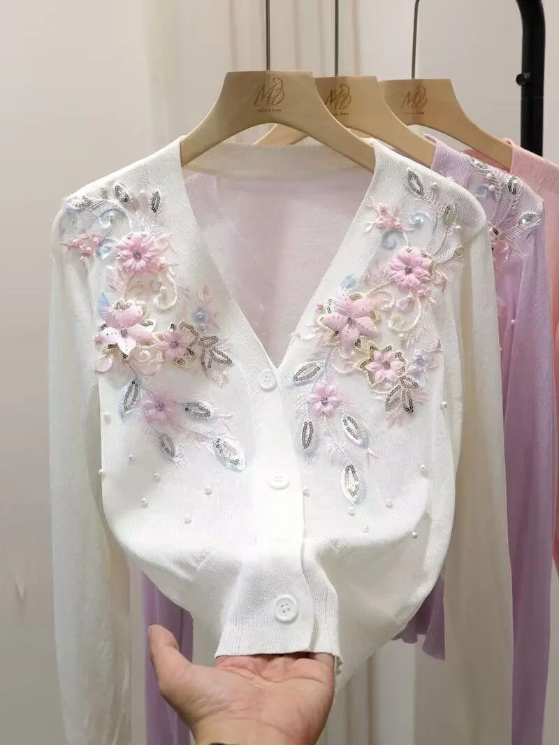 Women  Sweater 2025 Spring Autumn Cardigans V-neck Beading 3d Flower Embroidery  Lady Knitwear Tops  Korean Fashion Cardigan