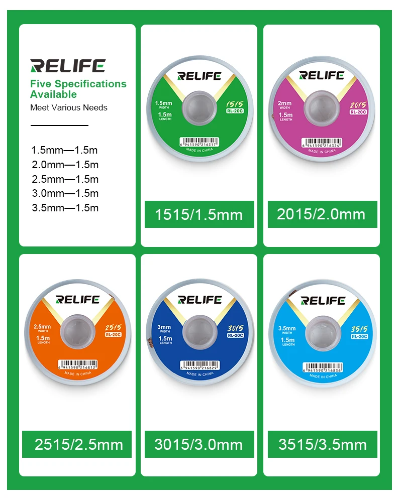 RELIFE RL-20C Premium Pure Copper Desoldering Braid,Oxidation-Resistant, High Absorption for Clean PCB Rework and Solder Removal
