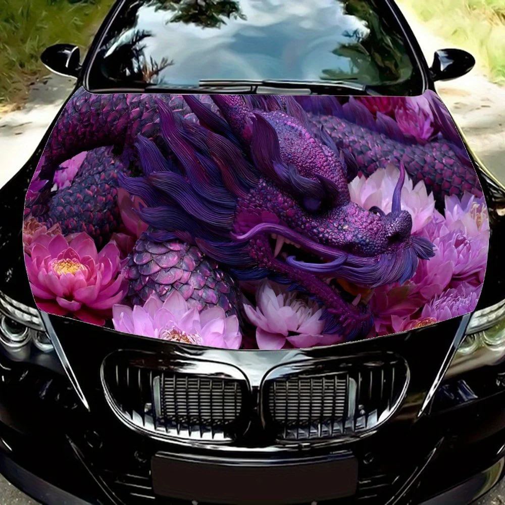 Dragon Flowers Car Hood Sticker PVC Self Waterproof Stick, Striking Auto Exterior Accessories Decor Protect Gift for Car Lover