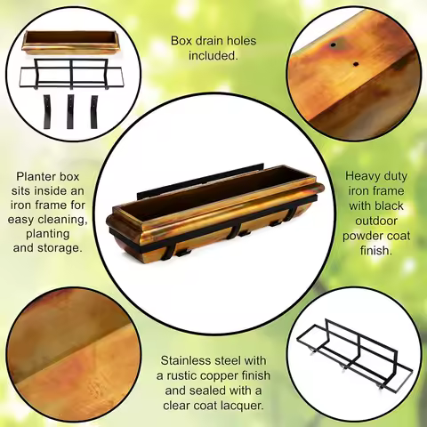 Window Planter Box Rustic Copper Flower Plant Container for Windows Attach to House Deck Balcony Long Rectangular Shape