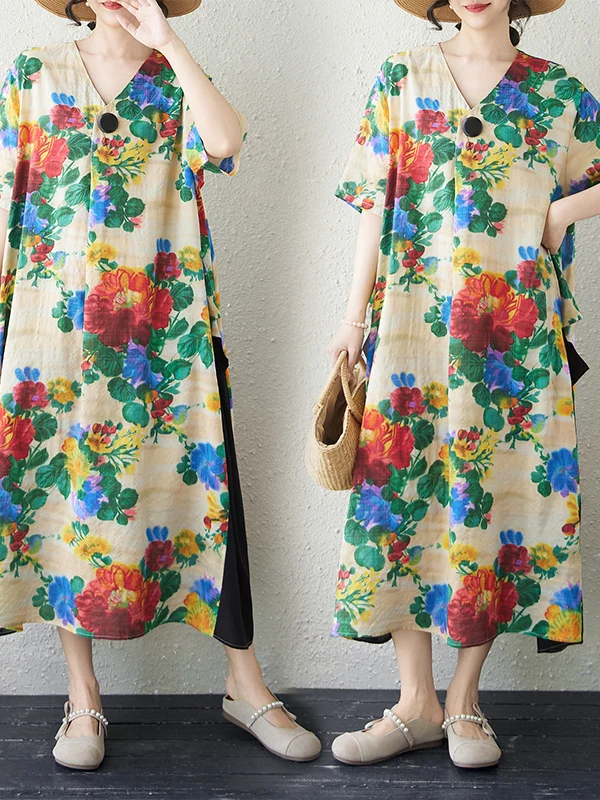 

Summer New Cotton Linen Print Splicing Loose Casual Overhead V-neck Short Sleeve Wide Hem Dress Women's Casual Loose Dress
