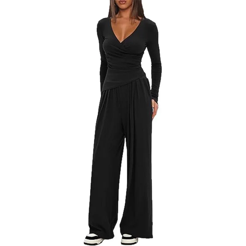レディースセクシーVネック スリムトップス＆ルーズパンツ セットアップ カジュアル ツーピースセット 女性用 2025年秋 エレガント 無地 セットアップ