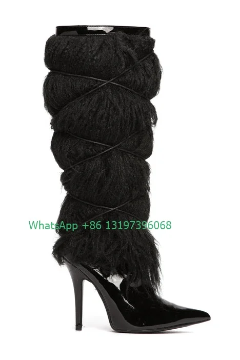 Lady yellow feather PU design knee boots sexy pointed toe black fur stiletto heels leather side zip boots footwear large size 43