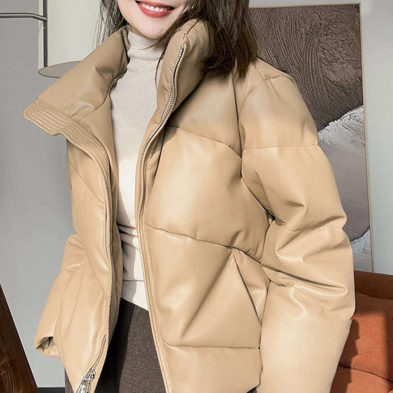 

2024 Winter New Genuine Leather Down Jackets Women Fashion Khaki Stand Collar Zipper Loose Female Short Sheepskin Jackets Coats