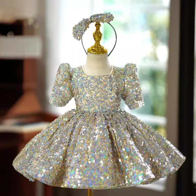 2024 Luxury Sequin Girl Birthday Party Baby Kids Princess Dress Short Sleeved Round Neck High End Ballroom Clothing for Children