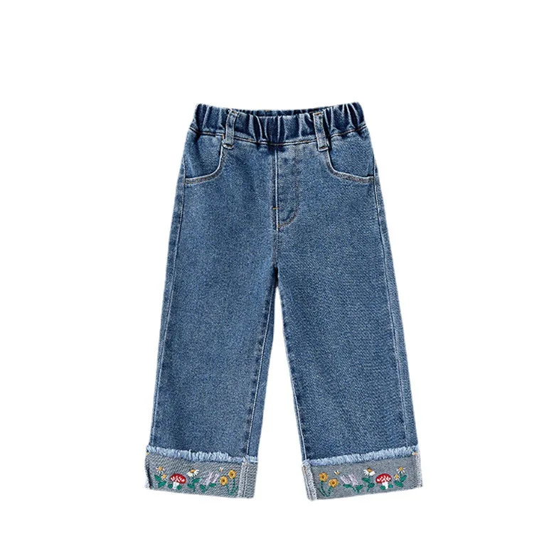 Spring Autumn Children Girl Denim Pants Straight Patched Elastic Waist Student Girls Pants Solid Color Pockets Kid Girl Trousers