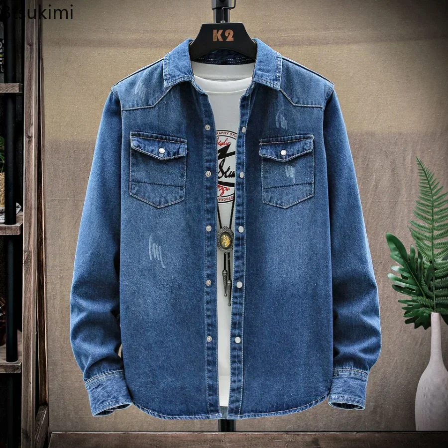 2024 Spring Summer Men\'s All-Match Long Sleeve Denim Shirt Korean Slim Fit Tooling Jean Jacket Classic Fashion Simple Tops Male