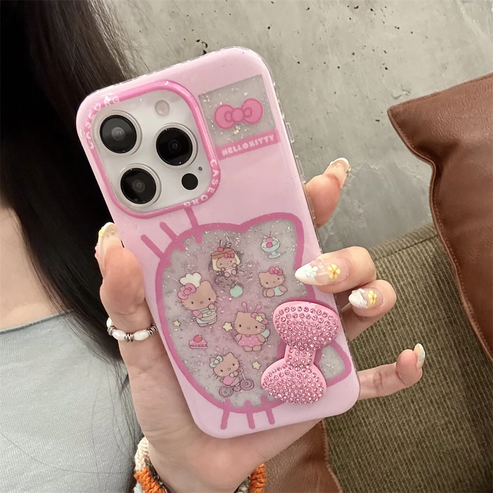 Sanrio INS Style paillettes Hello Kitty coque de téléphone pour iPhone 16 15 14 13 Pro Max strass arc rose KT chat Bling couverture transparente