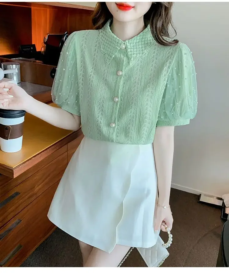 Summer White Lace Shirts Women 2024 Elegant Fashion Beading Casual Blusas Mujer Korean Style Slim Black Puff Sleeve Tops Blouses