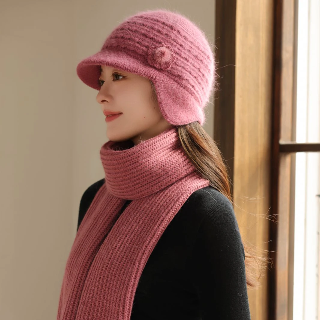 

Зимние наушники с козырьком из кроличьей шерсти, вязаные шапки, флисовые теплые женские шапки среднего и пожилого возраста в полоску для мамы и комплект с большим шарфом