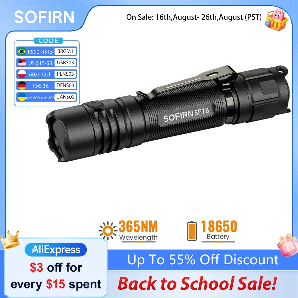 SOFIRN SF16 EDC 365 nm UV-Taschenlampe SST08 USB-C wiederaufladbare tragbare 18650-Taschenlampe mit Heckschalterlampe zur Erkennung