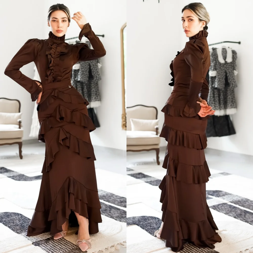 

Customized Chinese Style Jersey Button Pleat Trumpet High Collar Midi Dresses Bespoke Occasion Elegant