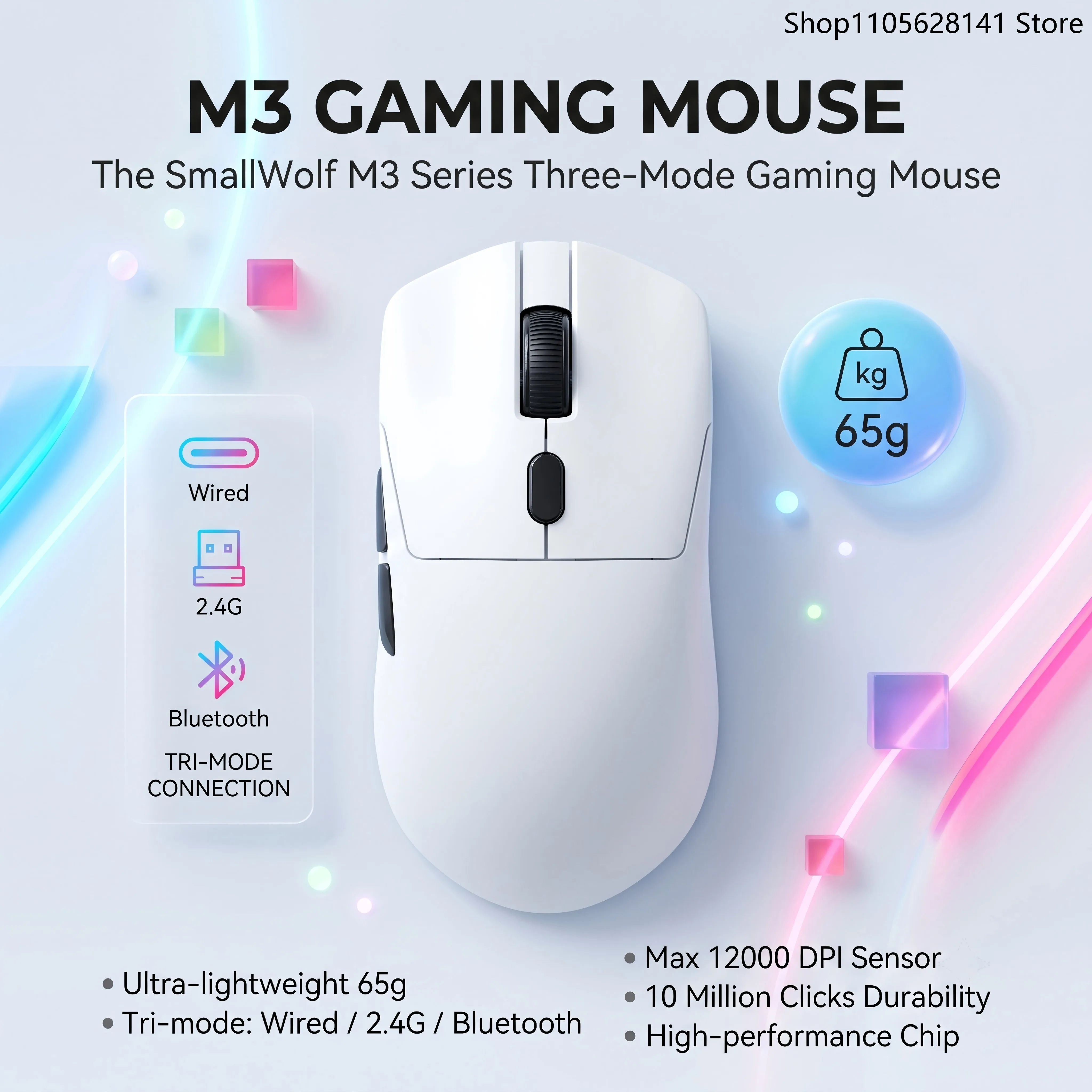 SMAILWOLF M3 / M3Pro Wireless Gaming Mouse, Bluetooth, 2.4GHz, USB-C Wired, Adjustable 12000 DPI, Rechargeable, Compact Design