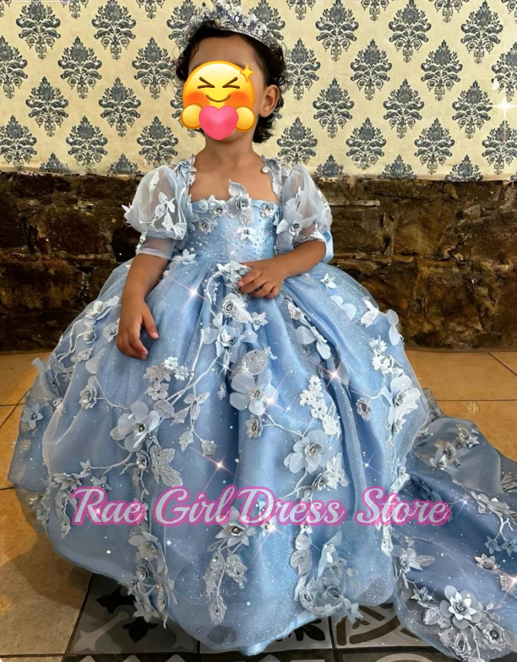 Square Neck Puff Sleeve 3D Floral Glitter Tulle Puffy Flower Girl Dress For Wedding Birthday Pageant Formal Gowns A-Line