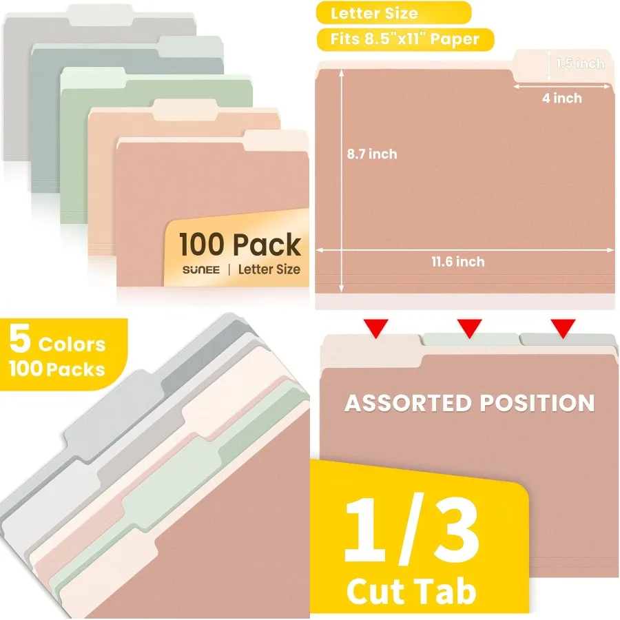 

SUNEE File Folders Letter Size Pastel Colors 100 Pack Manilla Folders 8.5 x 11 1/3-Cut Tabs Colored File Folders for Office Hom